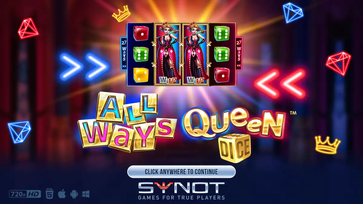 All Ways Queen Dice intro screen showing 27 ways each direction and expanded Queen Wilds on reels 2 and 3
