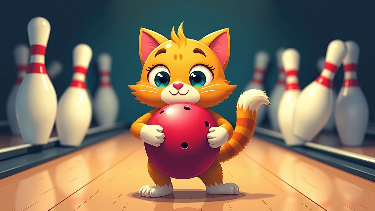 Un gato sosteniendo una bola de bowling en un callejón lleno de pines.