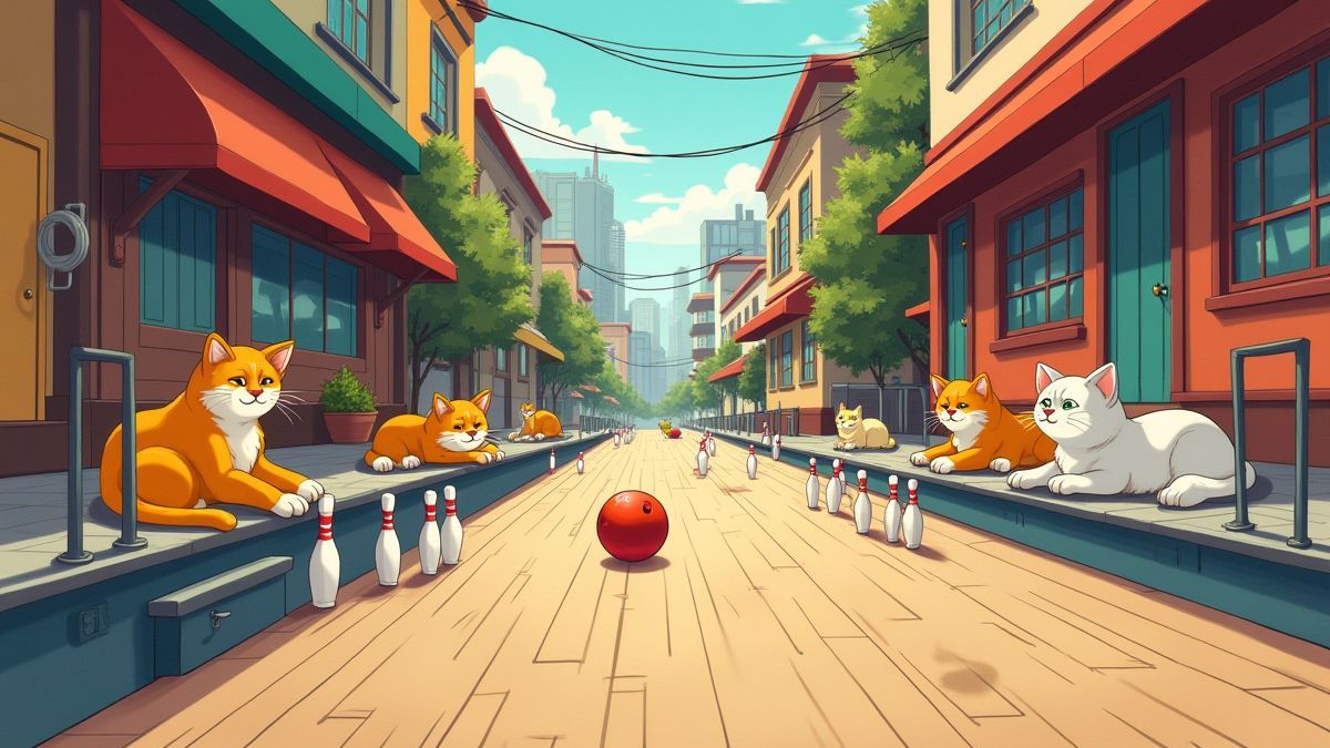 Un callejón urbano con gatos jugando y relajándose entre pines de bowling.