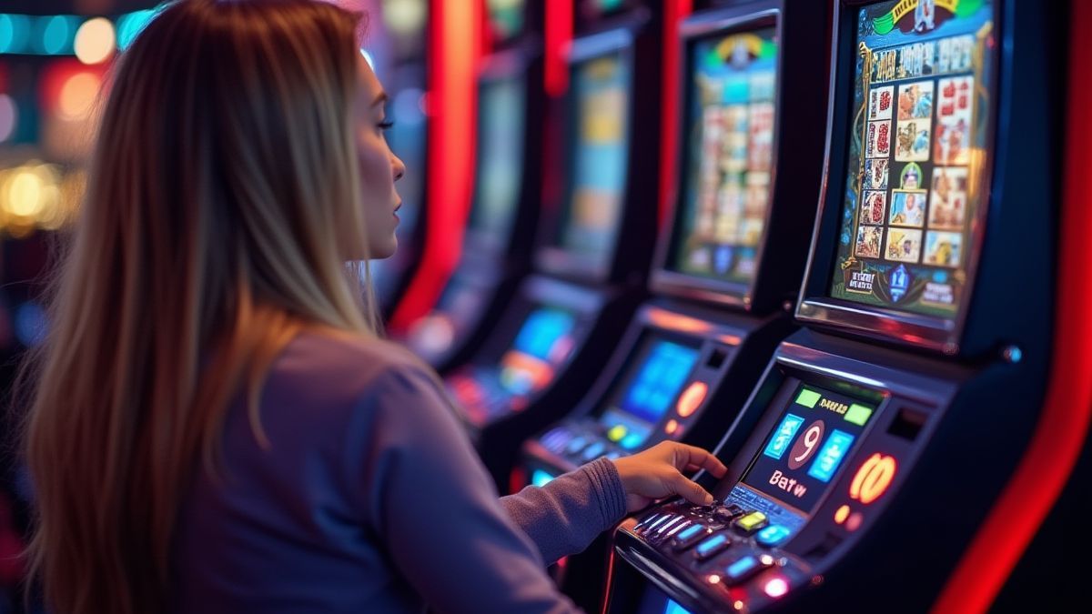 Un joueur ajustant sa mise sur une machine à sous.