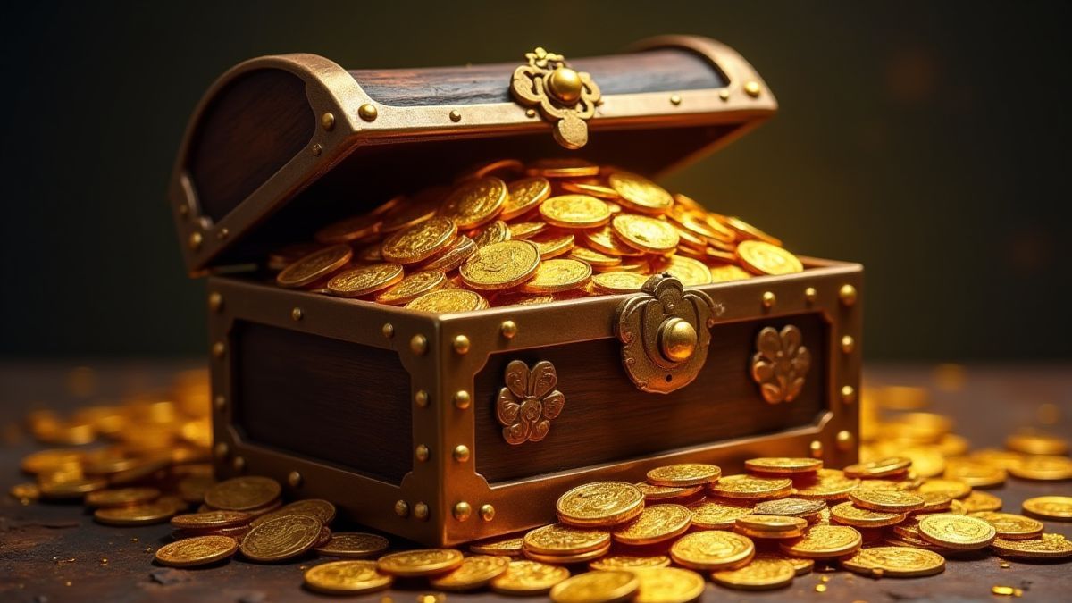 Un coffre au trésor débordant de pièces d'or et de gemmes.