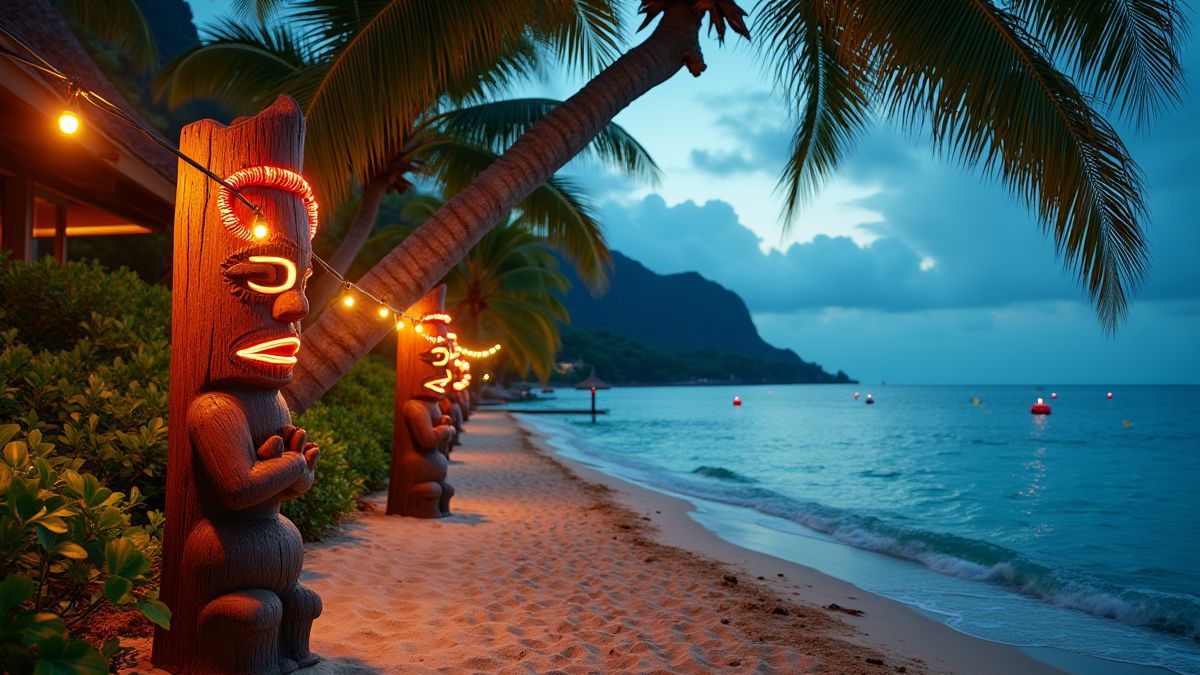 Ein tropischer Strand mit Weihnachtslichtern und Tiki-Statue