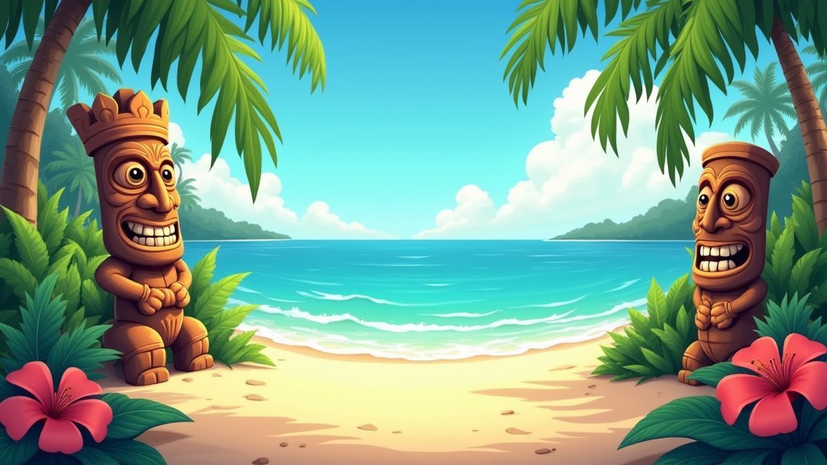 Tropisch strand met tiki beelden omringd door weelderige begroeiing en bloemen.