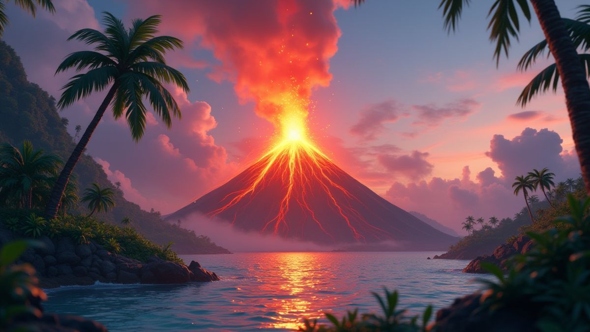 Volcano in uitbarsting op een tropisch eiland.
