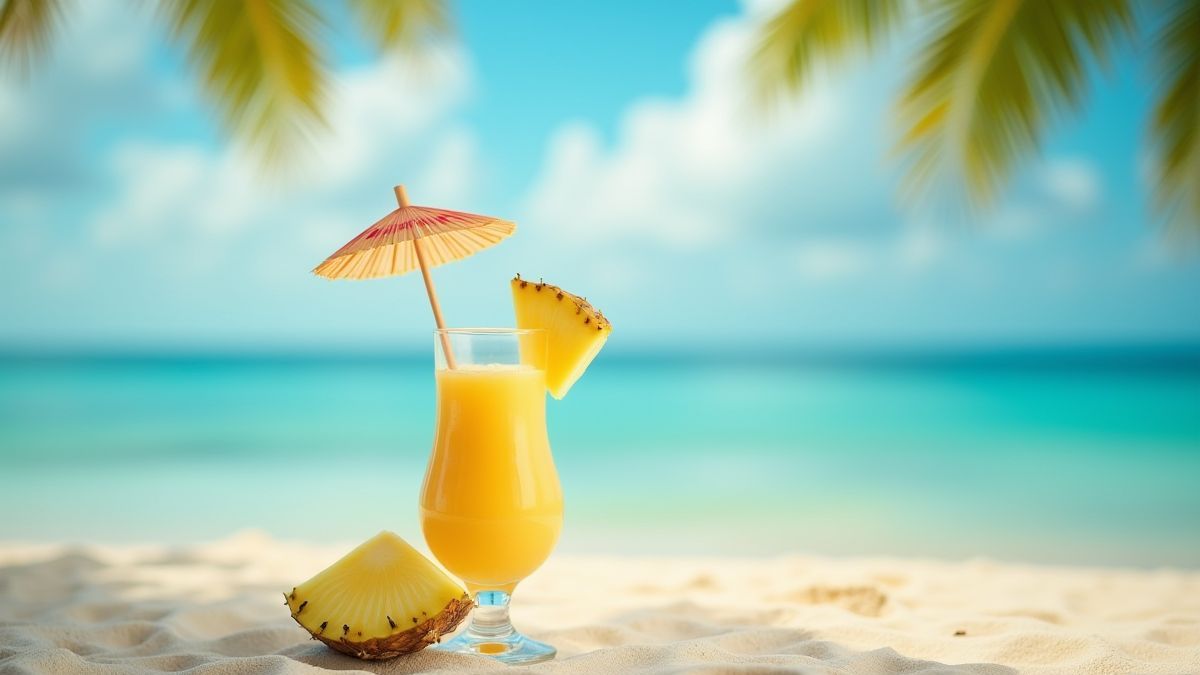 Bebida tropical en la playa con una sombrilla y rodaja de piña.