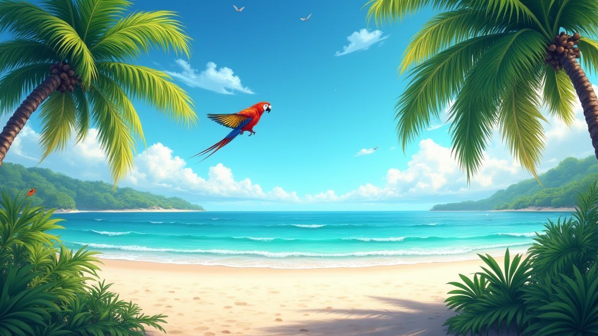 Tropische Strand-Szene mit Palmen und einem Papagei, der über den Ozean fliegt.