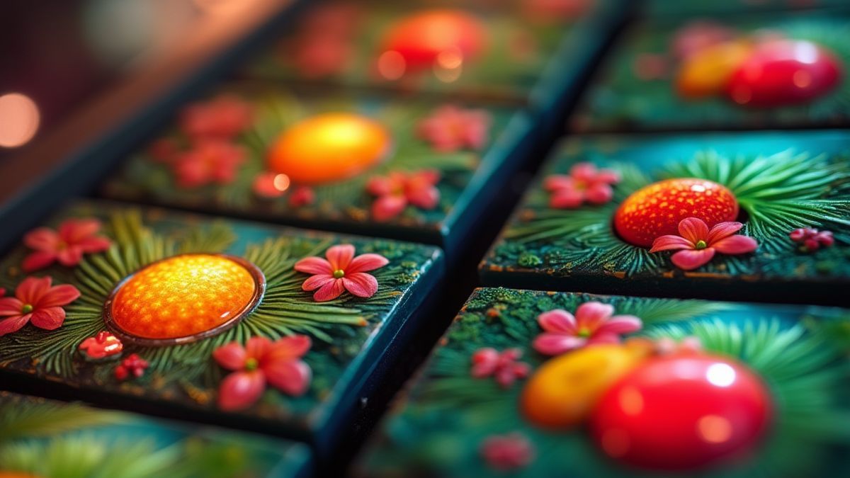 Nahaufnahme einer Spielautomaten-Oberfläche mit tropischen Themen-Tasten.
