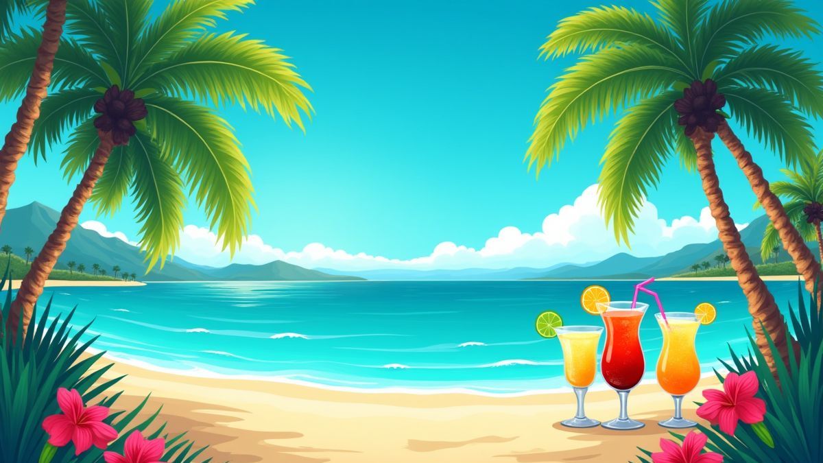 Une plage hawaïenne avec palmiers et cocktails tropicaux.