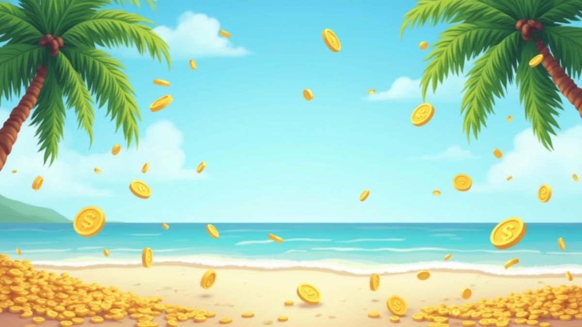 Monnaies dorées tombant sur une plage tropicale.