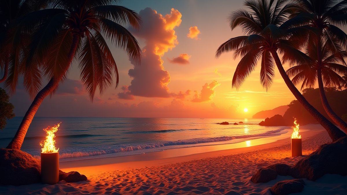 Playa tropical al atardecer con antorchas tiki.