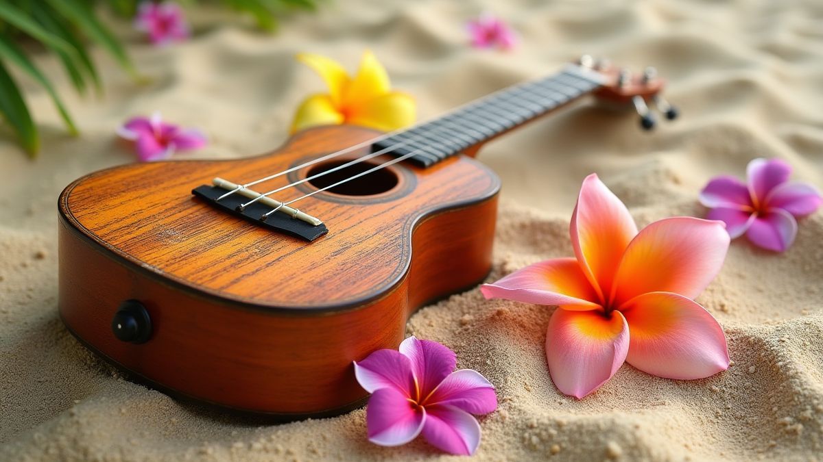 Un ukelele hawaiano en la arena rodeado de flores tropicales.