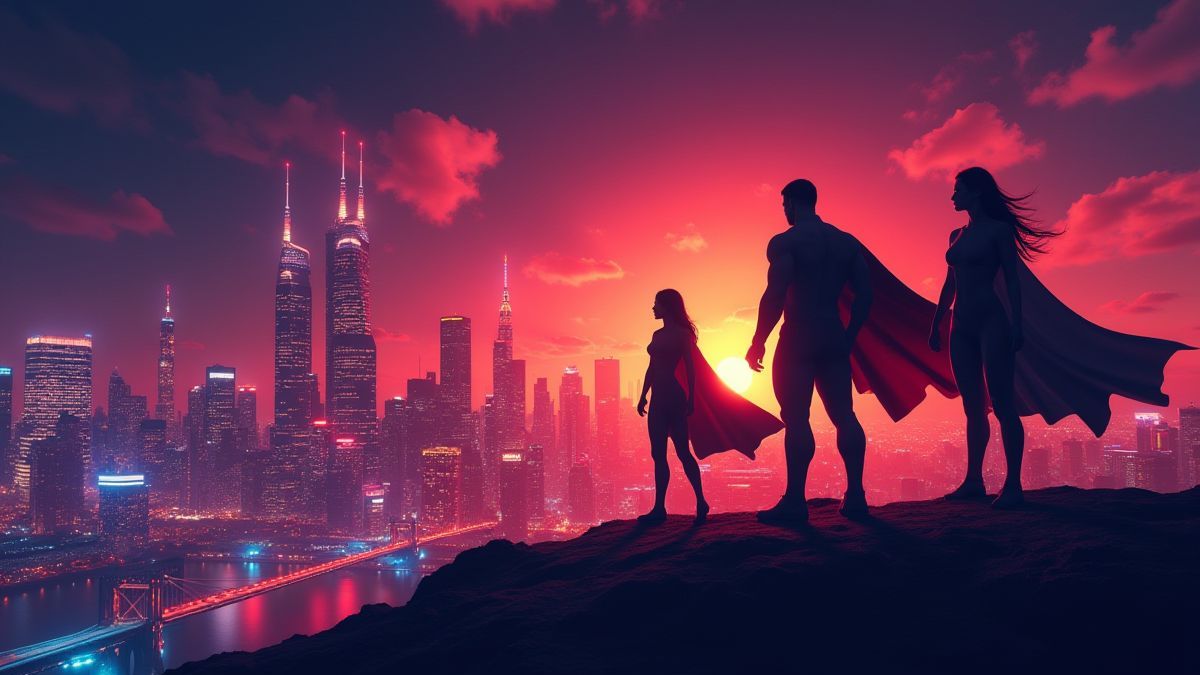 Una ciudad futurista con luces de neón y siluetas de superhéroes en acción.
