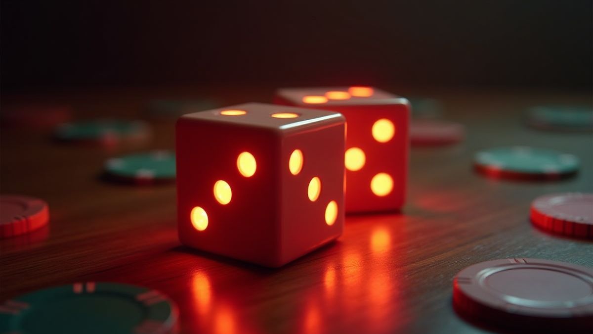 Dados retro brillando sobre una mesa de madera con fichas de casino.