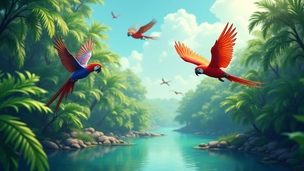Loros volando sobre un río en la jungla amazónica.