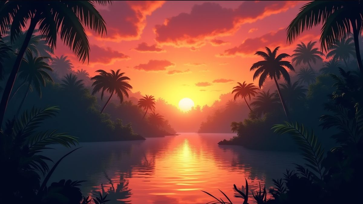 Atardecer sobre el río Amazonas rodeado de selva.