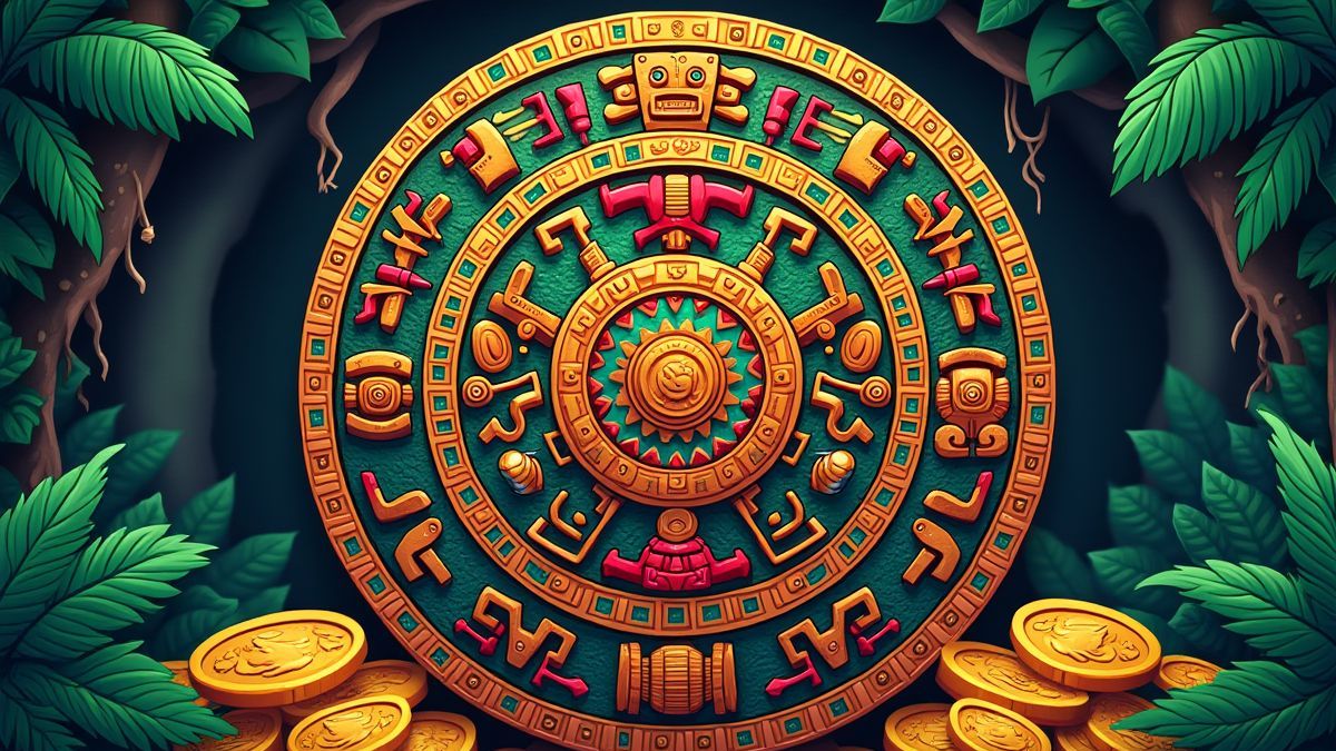 Aztec calendar surrounded by gold coins and jungle elements.