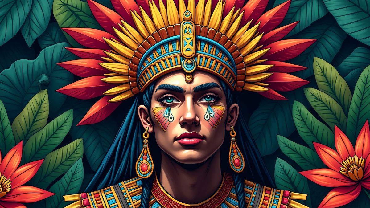 Aztec warrior surrounded by jungle elements and ancient artifacts.