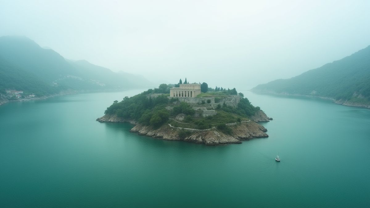 A mystical island in green waters with Greek ruins in the background.