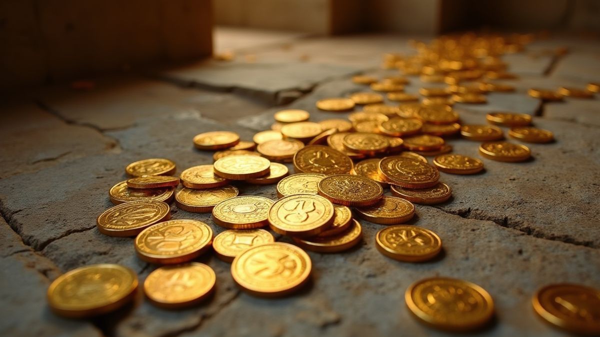 Golden coins and treasures on an ancient stone floor.