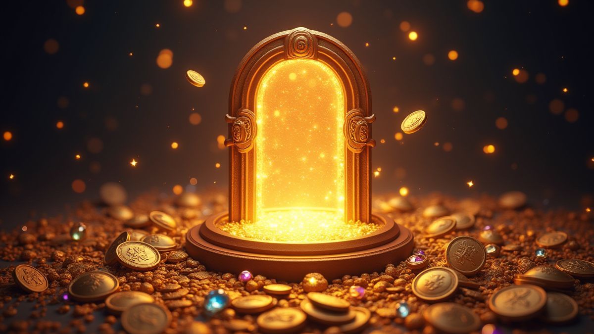 Un portail magique entouré de pièces de monnaie dorées et de bijoux brillants.