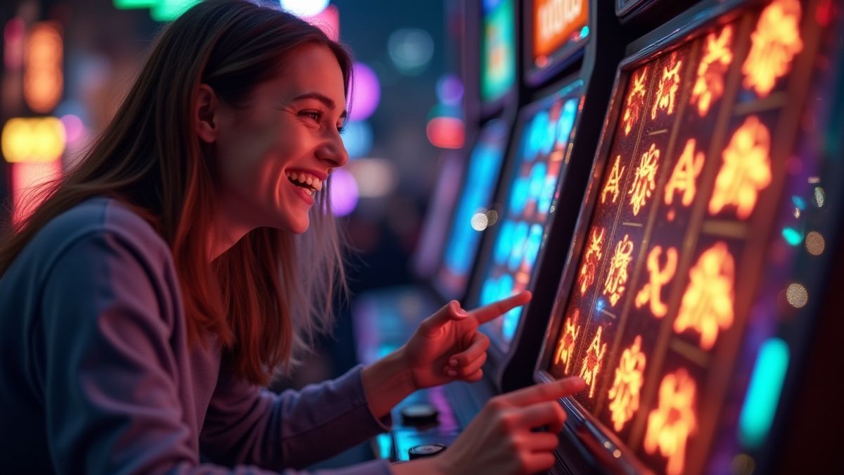 Un joueur faisant tourner une machine à sous avec des symboles magiques.
