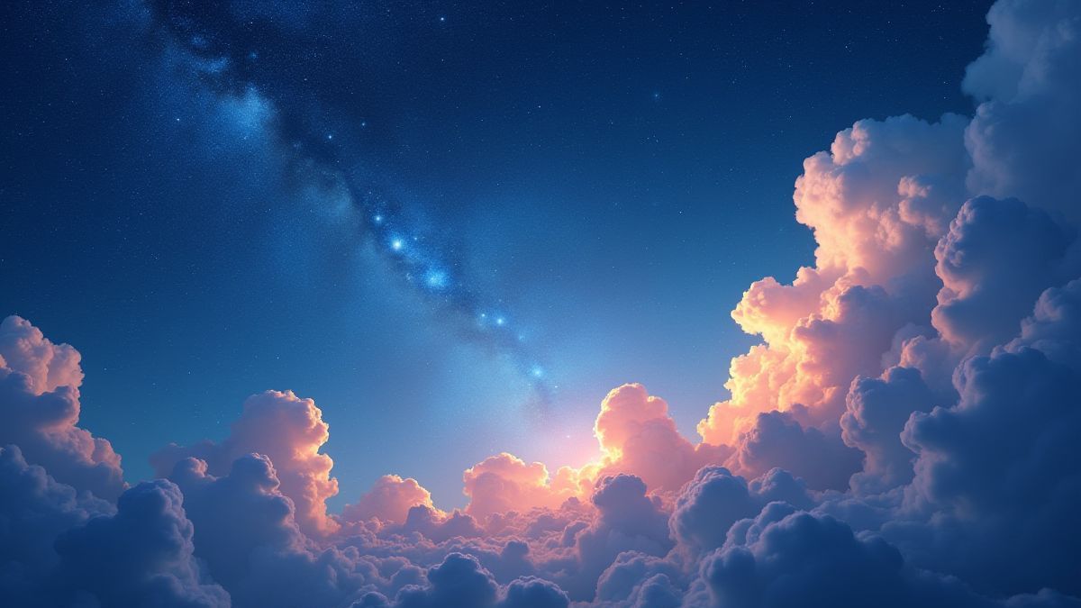 Cielo mágico con estrellas brillantes y nubes resplandecientes.