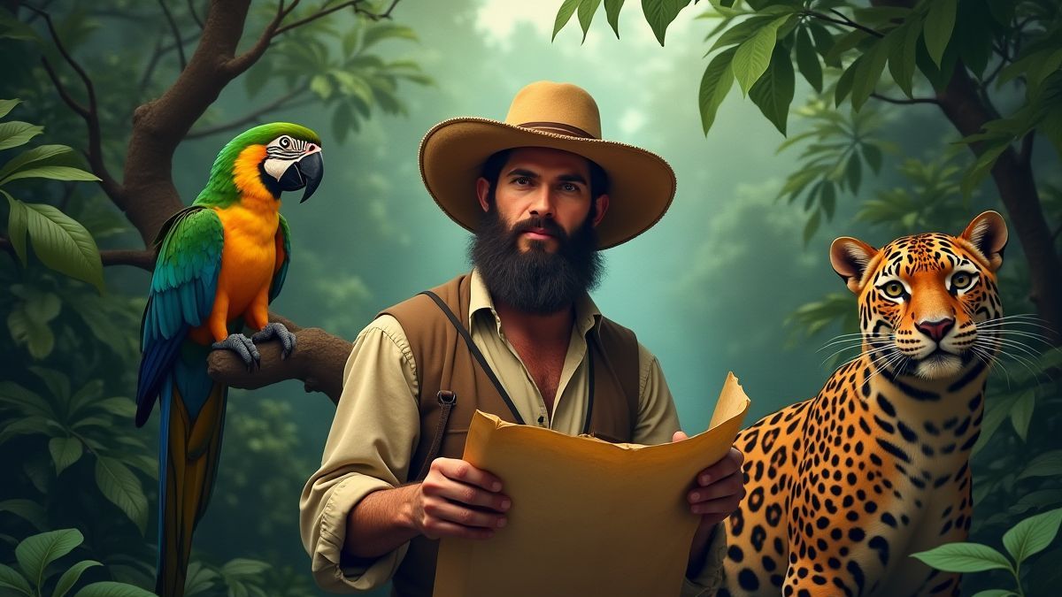 Explorador en la jungla amazónica rodeado de animales exóticos.