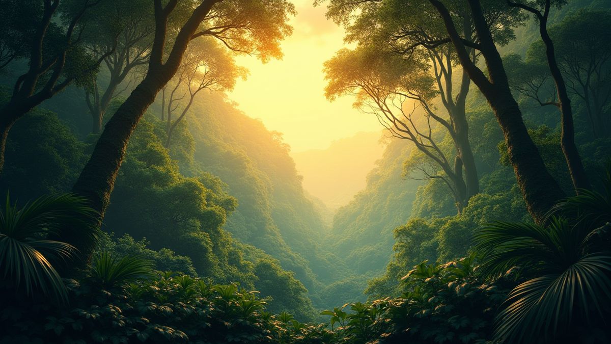 Paisaje de la jungla amazónica bajo una luz dorada.