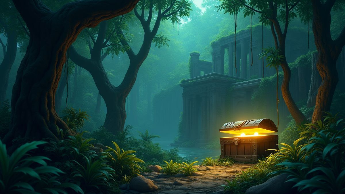 Imagen de una jungla exuberante con ruinas antiguas y un cofre del tesoro.