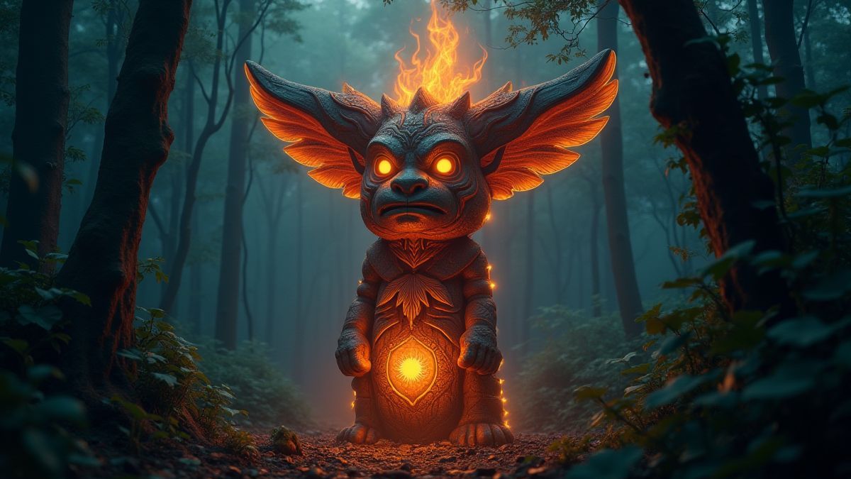 Imagen de un tótem mágico en medio de la jungla.