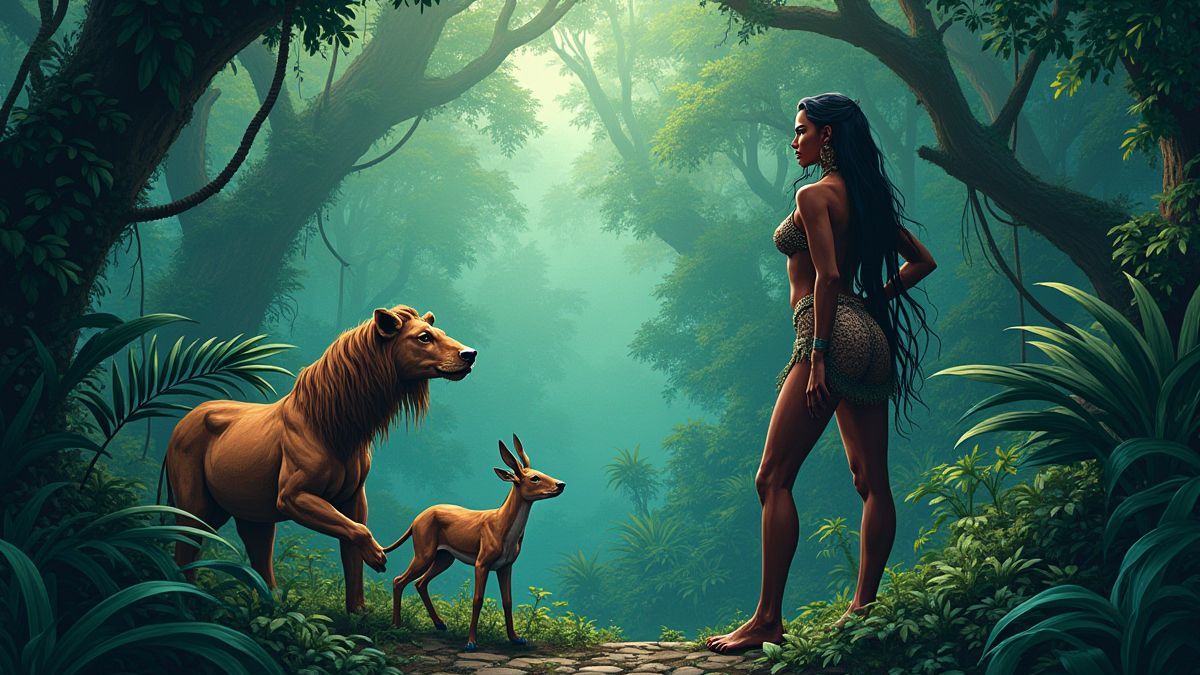 Illustration of a dense jungle with exotic animals and the Amazon Queen.
