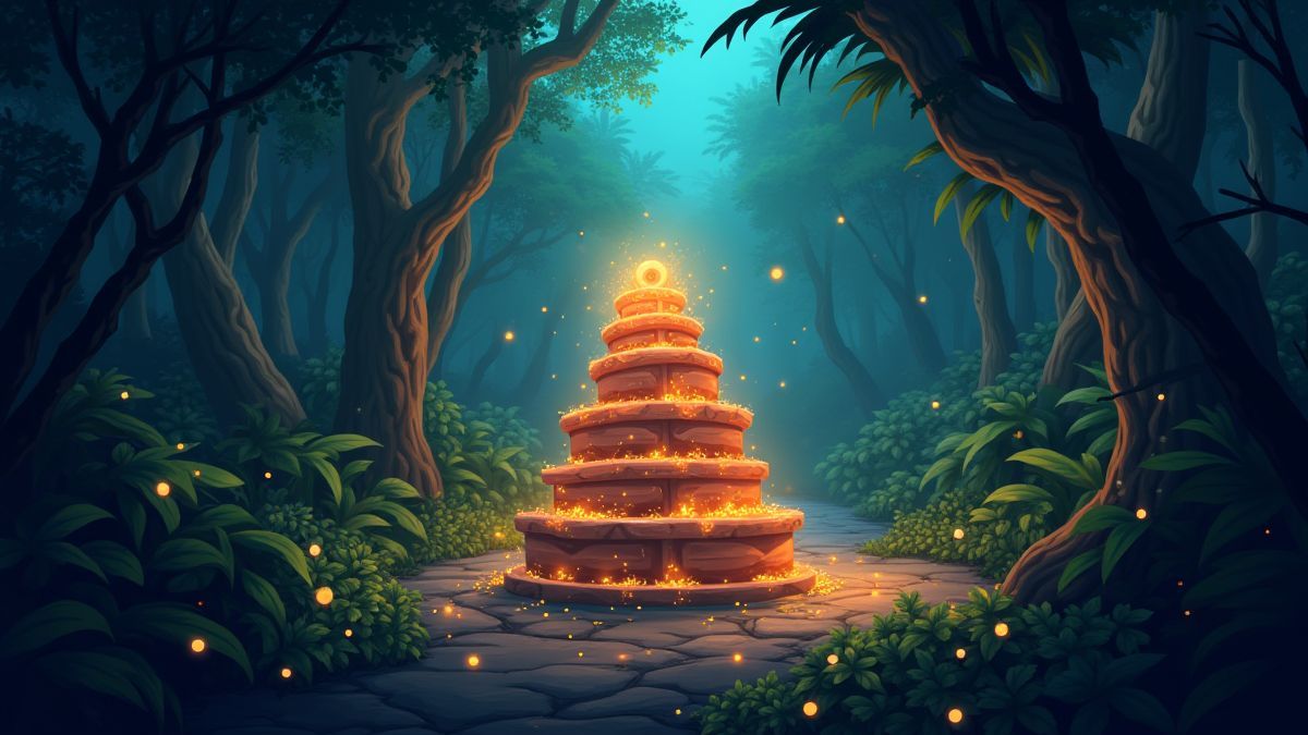 Illustration of a illuminated jungle scene with stacked symbols.