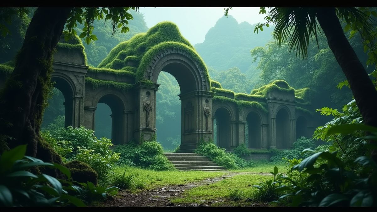 Ruines anciennes couvertes de mousse dans la jungle amazonienne.
