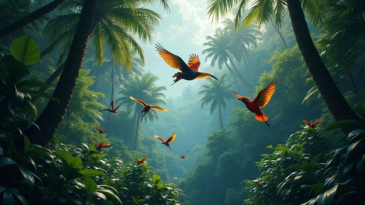 Een jungle landschap vol exotische vogels en levendige bomen.