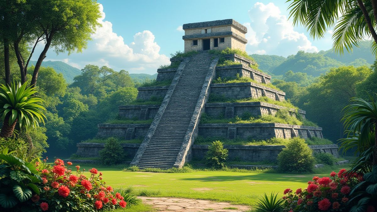 Een Azteeks tempel omringd door tropische vegetatie en exotische bloemen.