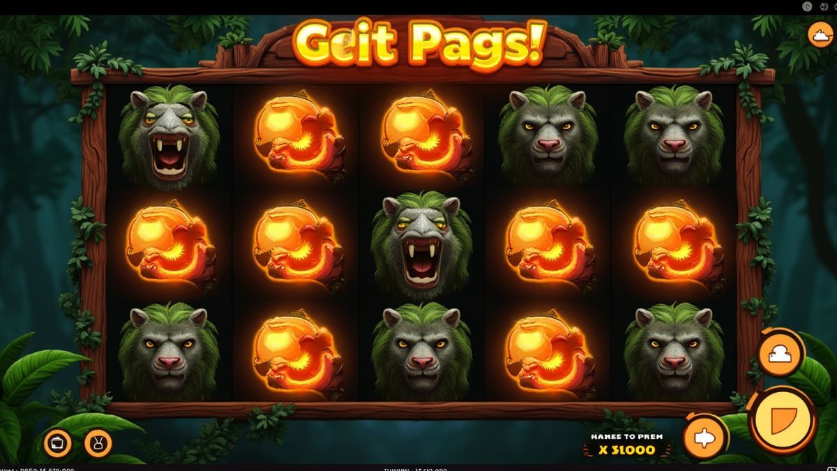 Interface de jogo com carretéis luminosos e símbolos de temática selvagem.