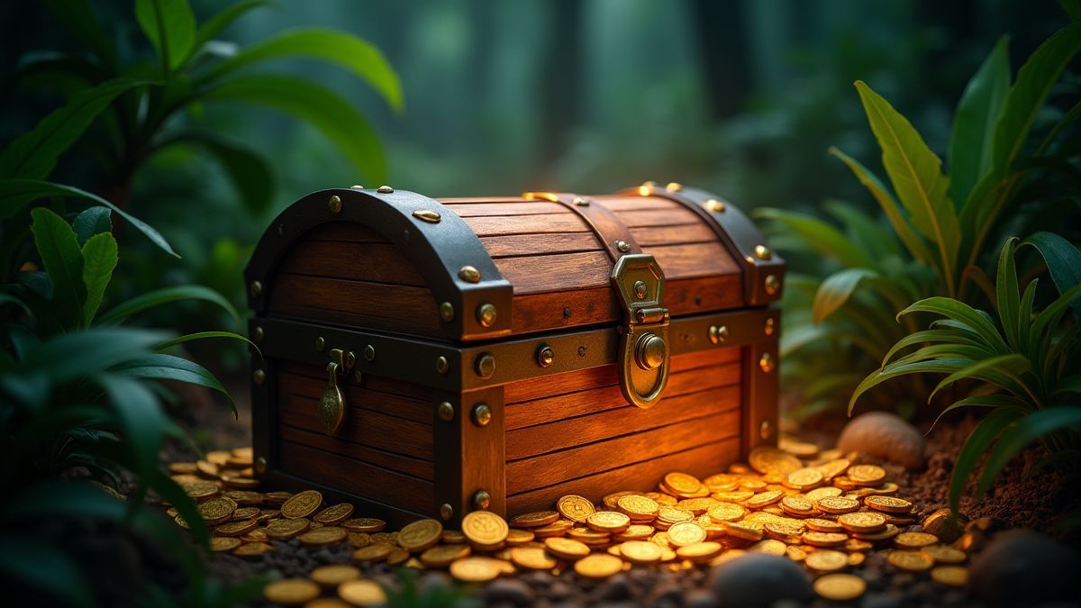 Um cofre do tesouro brilhante rodeado de plantas selváticas e moedas douradas.