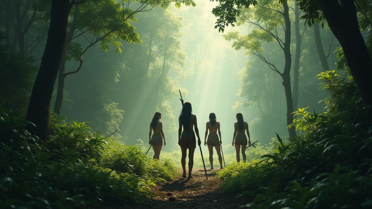 Paysage sauvage avec guerrières amazoniennes se préparant pour la bataille