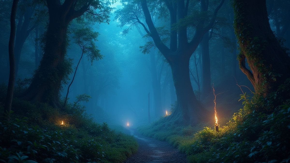 Mystiek junglelanschap met glinsterende elementen.