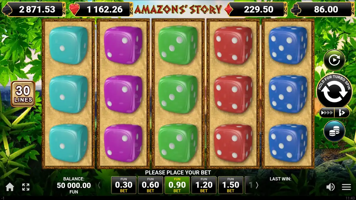 Pantalla del juego base de Amazons' Story con símbolos de dados
