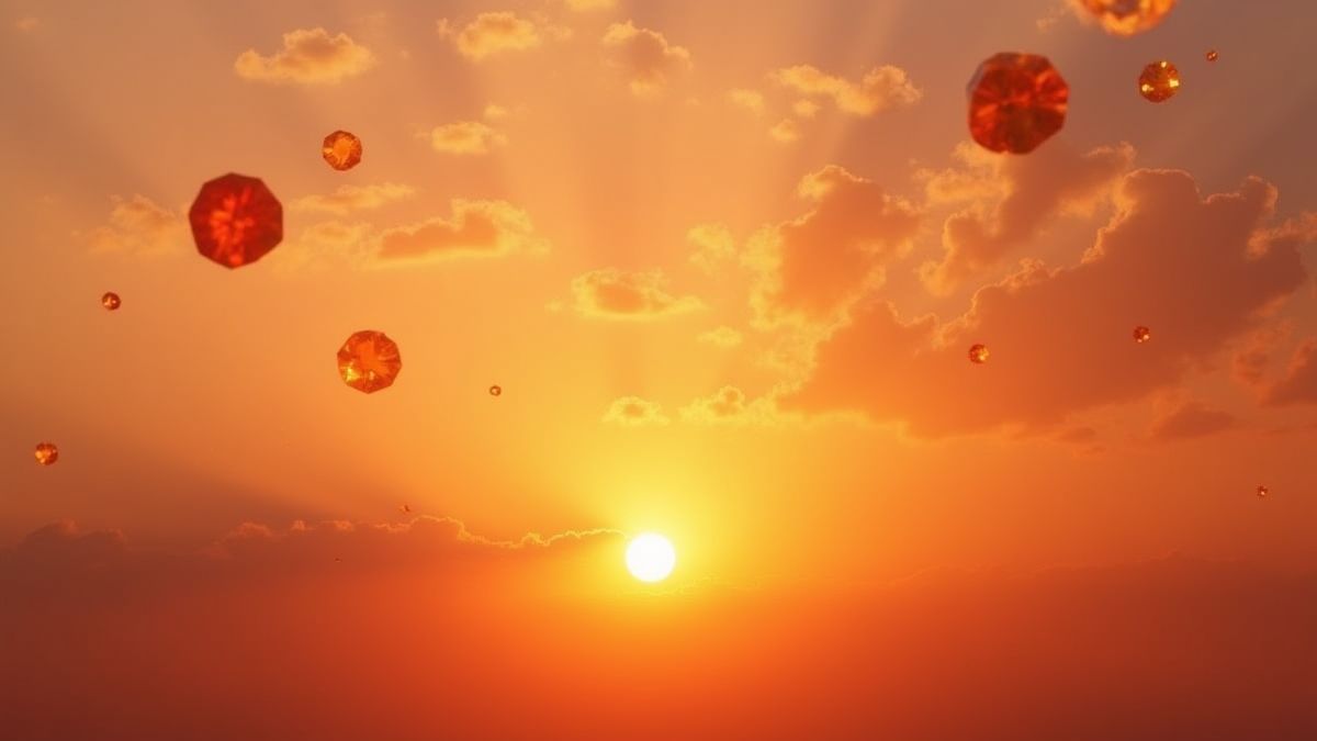 Cielo al atardecer con gemas ámbar flotantes.