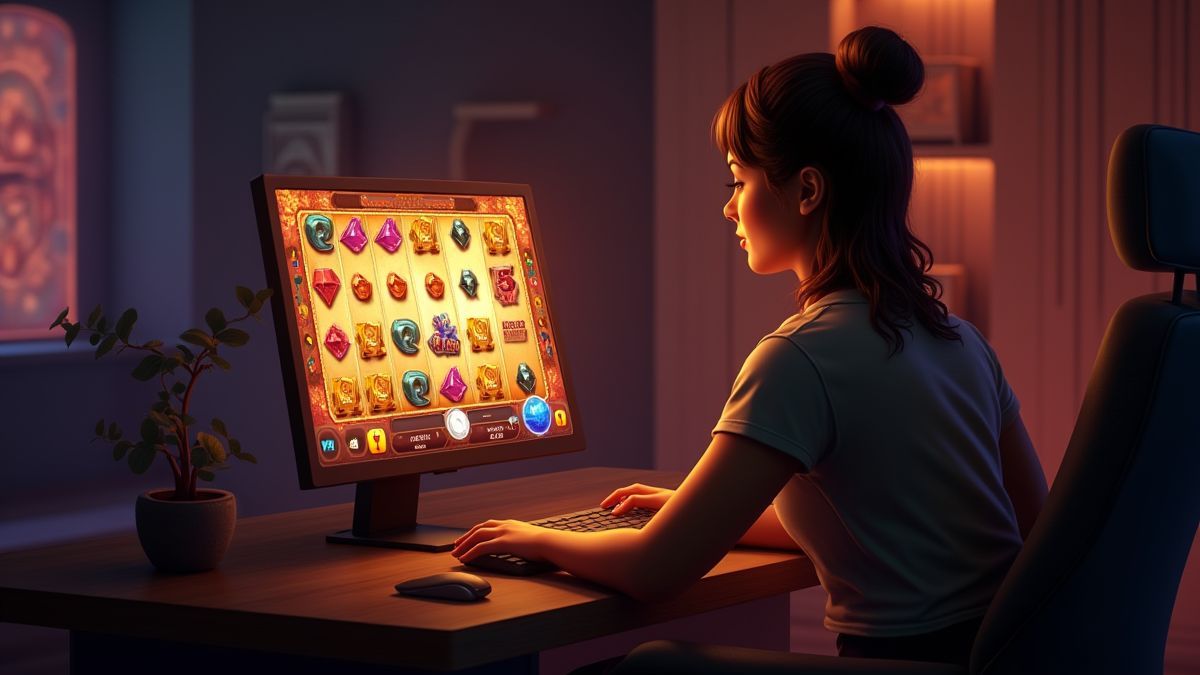 Jugador girando los carretes de una máquina tragaperras con gemas y tonos dorados.