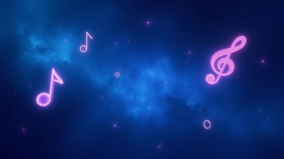 Fondo cósmico azul con símbolos musicales de neón flotando.