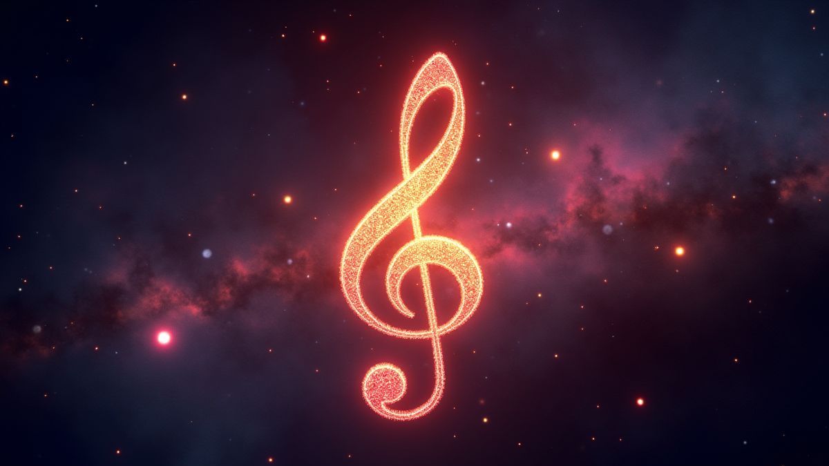 Claves de sol brillantes rodeadas de estrellas vibrantes en un fondo cósmico.