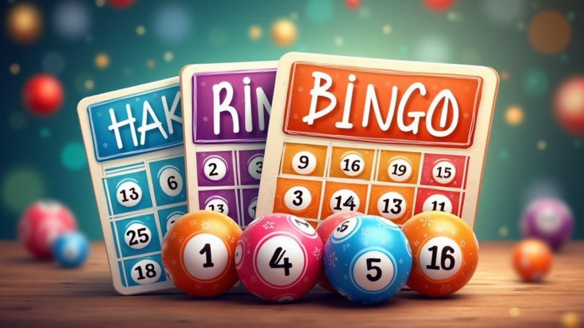 Tarjetas de bingo coloridas y bolas en un fondo festivo.