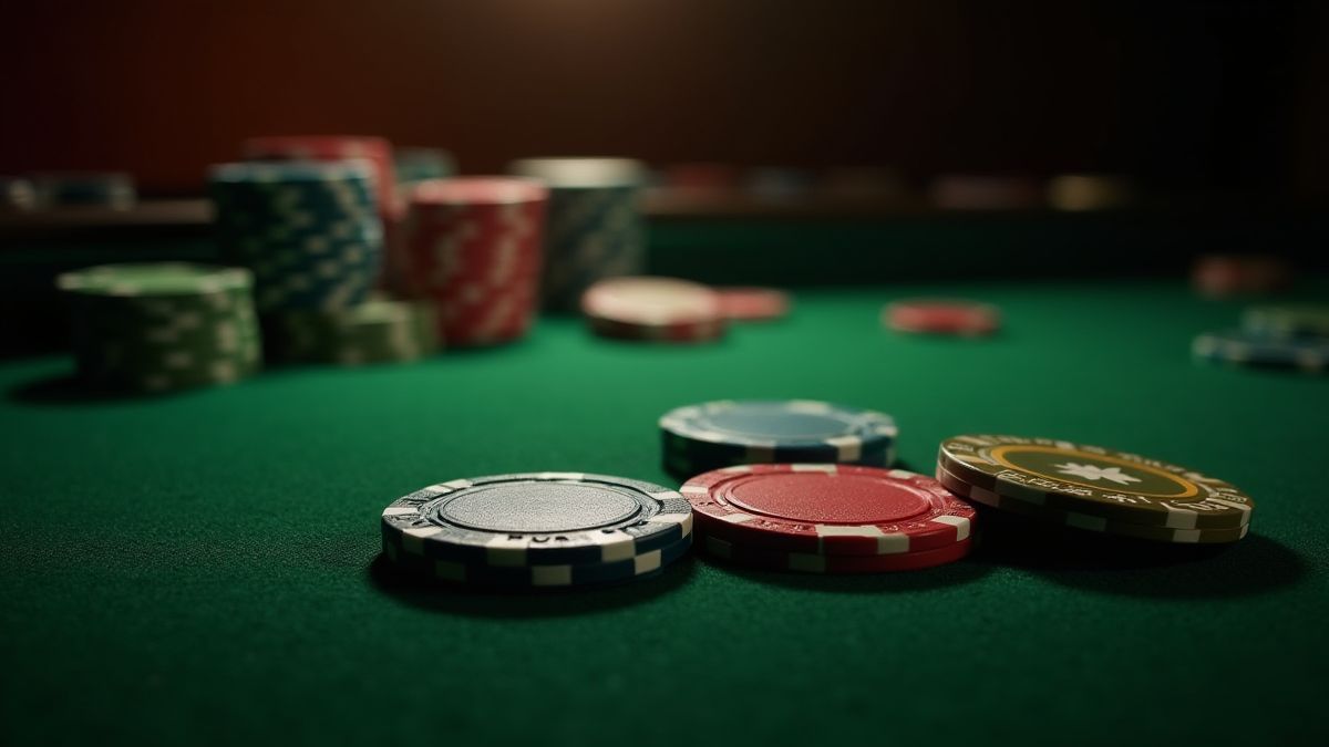 Mesa de cassino com tapete verde e fichas de pôquer.