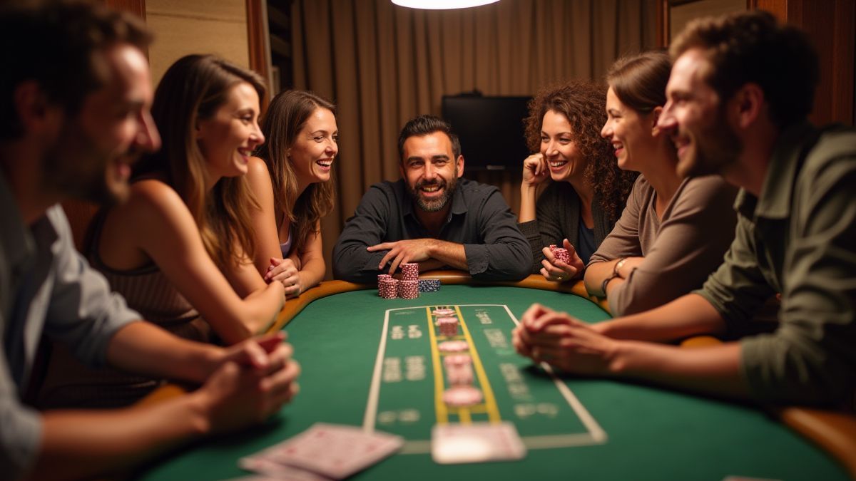 Amigos felizes jogando blackjack em uma mesa de cassino.