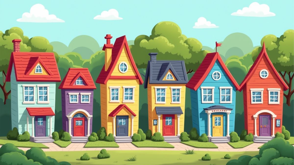 Colorful suburban neighborhood with cartoon-style houses.