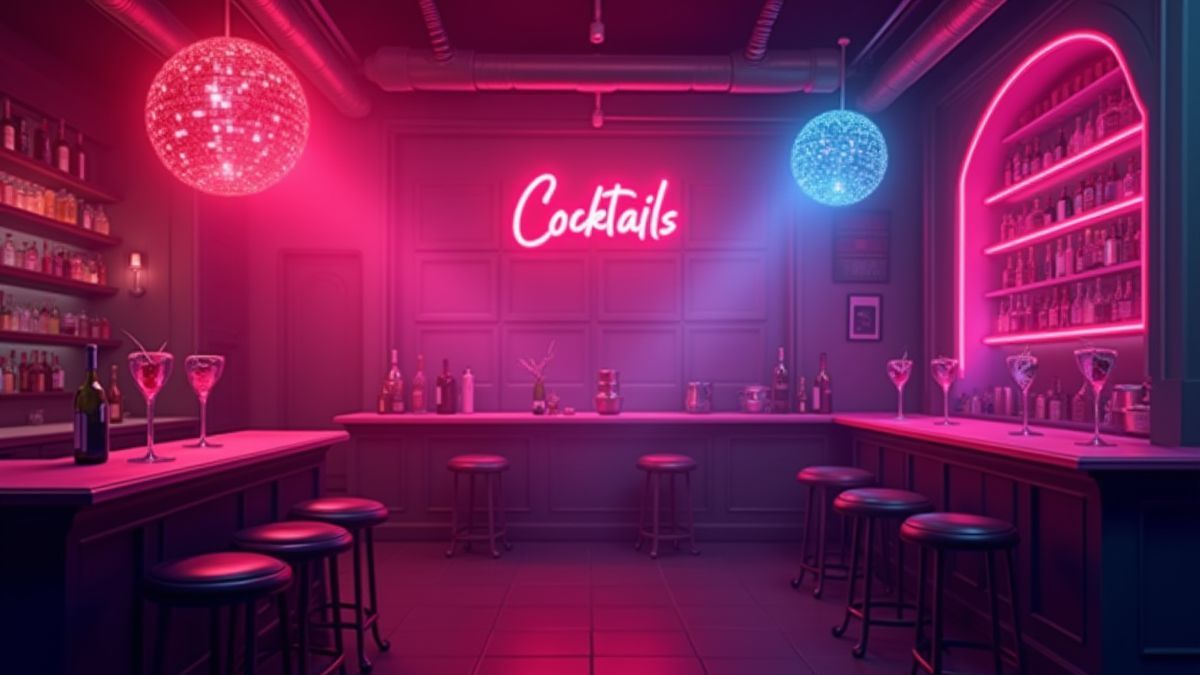 Innenansicht einer Bar mit Neonlichtern und Cocktails auf der Theke.