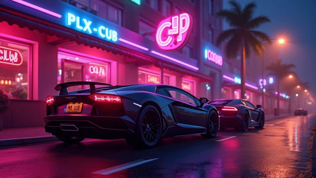 Luxus-Sportwagen, die vor einem mit Neonlichtern beleuchteten Club parken.